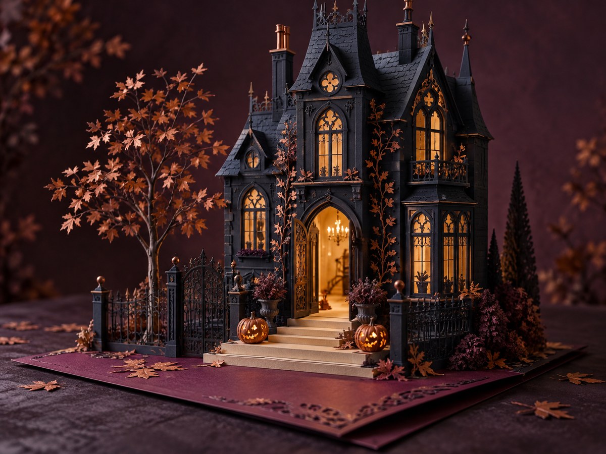 The demo’s handcrafted-paper haunted manor, with glowing windows and pumpkins at the open doorway.