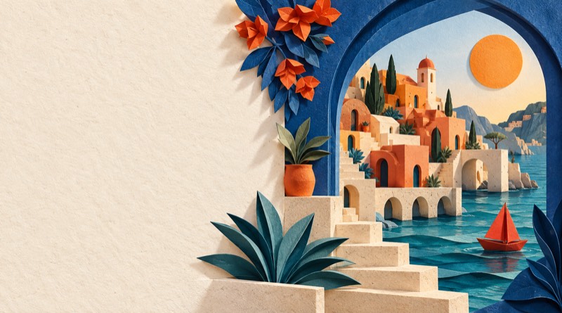 Folded-paper coastal architecture, a blue arch and an orange sailboat.