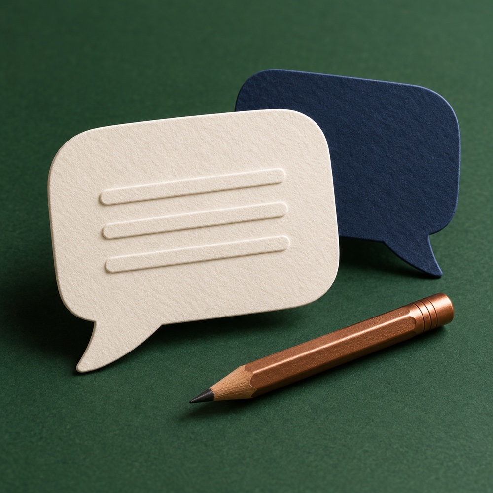 Paper speech bubbles with a copper pencil.