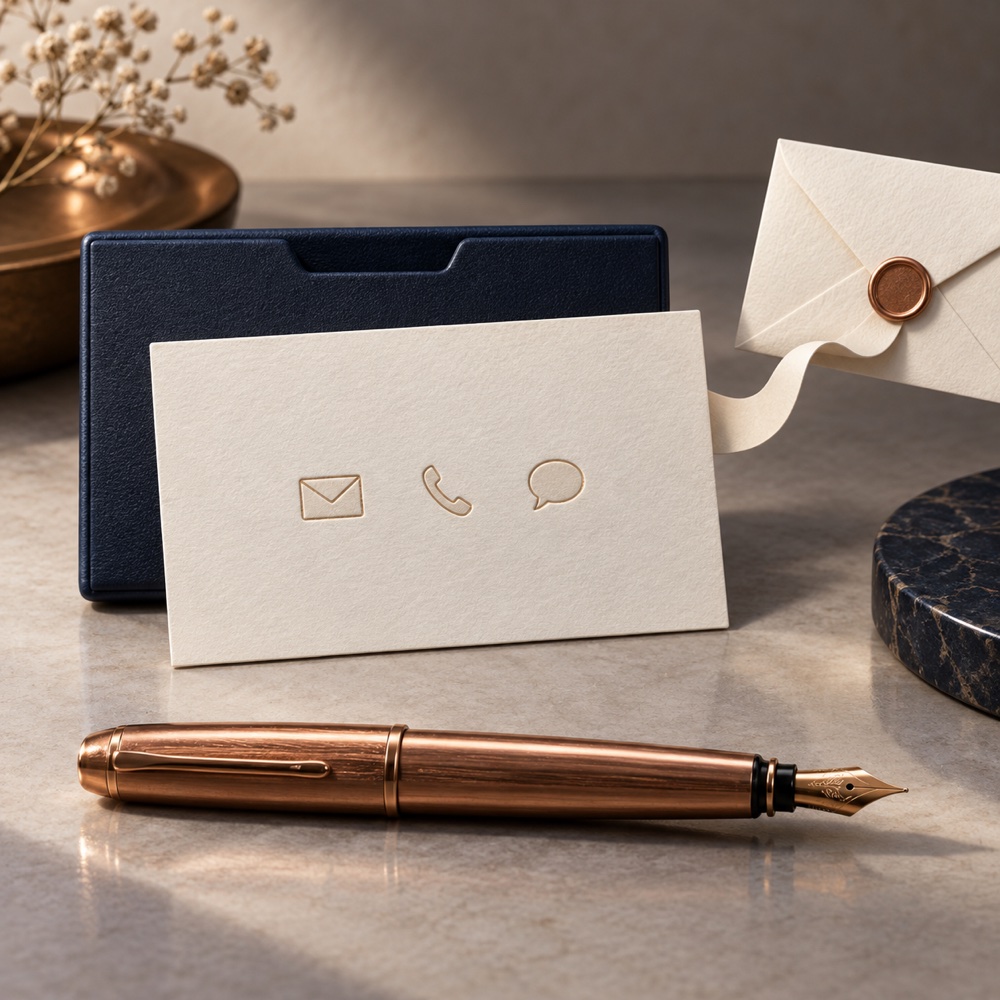 Ivory contact stationery, a navy holder and a sealed envelope.